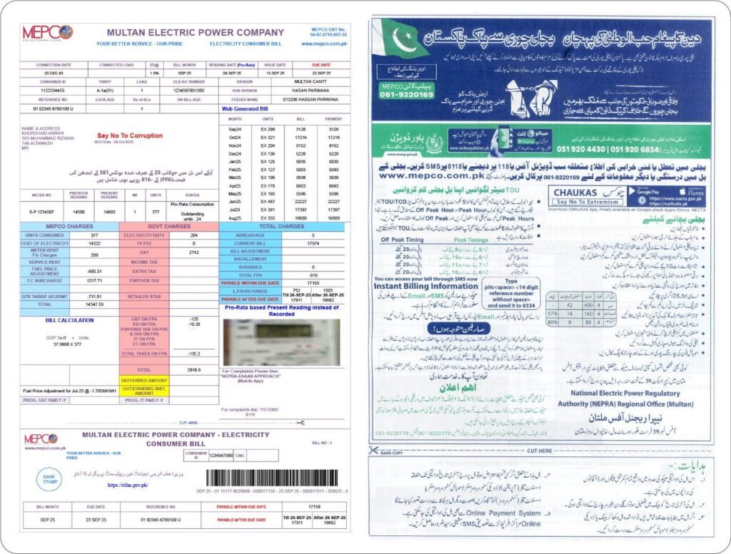 Multan electricity bill